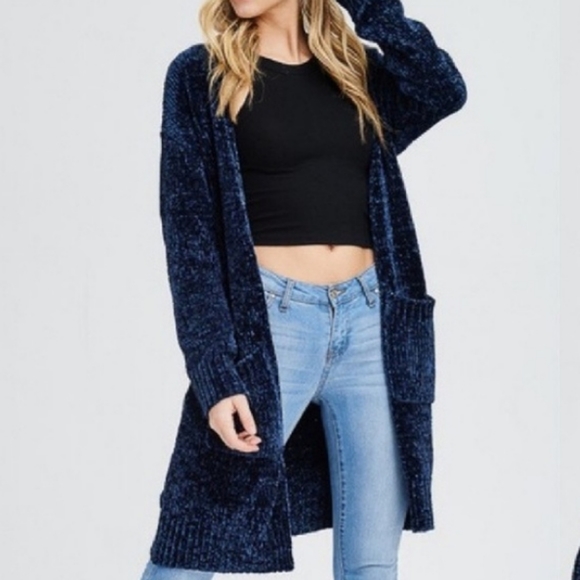 EMORY Chenille Long Line Cardigan Midnight Blue - Picture 3 of 10